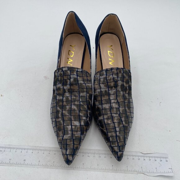 YDN Alligater Navy Mid Heels Slip on Loafer Pumps Pointy Toe Slide Suede Shoes - Picture 3 of 8